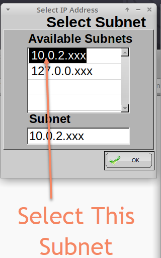 A screenshot showing the subnet-selection window